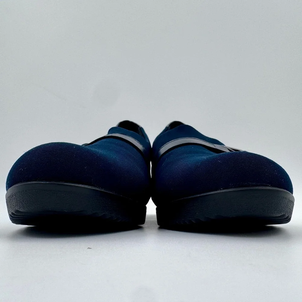 Mindy Navy 10N‎ Blue Stretch Fabric Leather Wedge Loafers Buckle Shoes